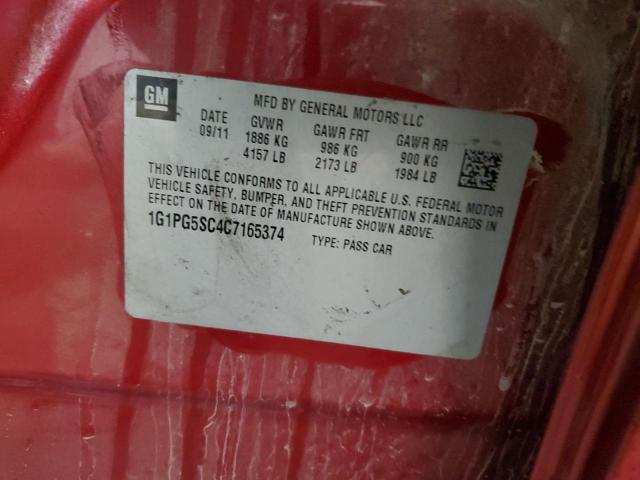 1G1PG5SC4C7165374 - 2012 CHEVROLET CRUZE LT RED photo 12