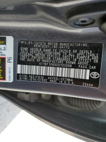 4T1BF1FKXCU103098 - 2012 TOYOTA CAMRY BASE 灰色 照片 12