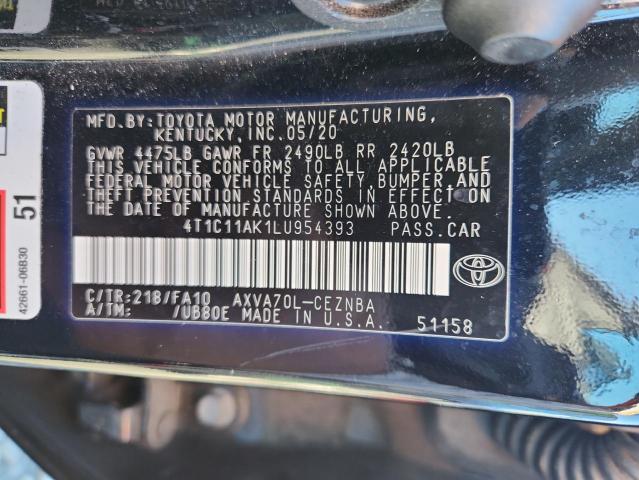 4T1C11AK1LU954393 - 2020 TOYOTA CAMRY LE შავი ფოტო 12