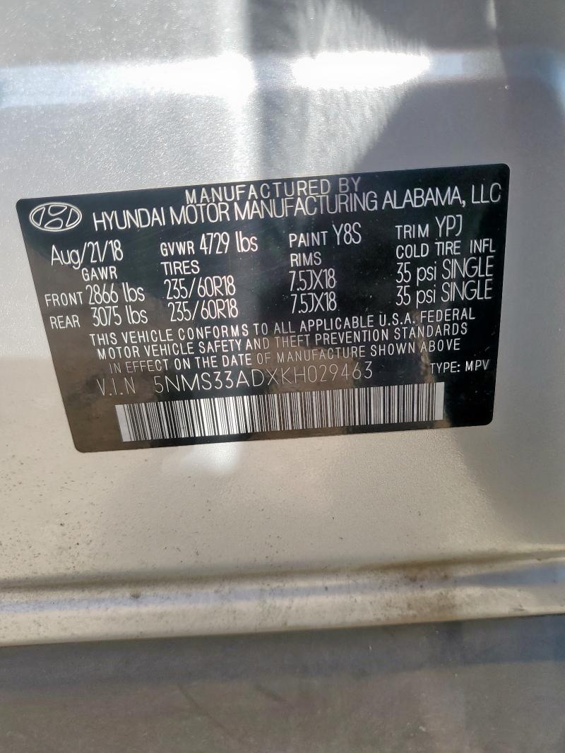5NMS33ADXKH029463 - 2019 HYUNDAI SANTA FE SEL Արծաթագույն լուսանկար 14