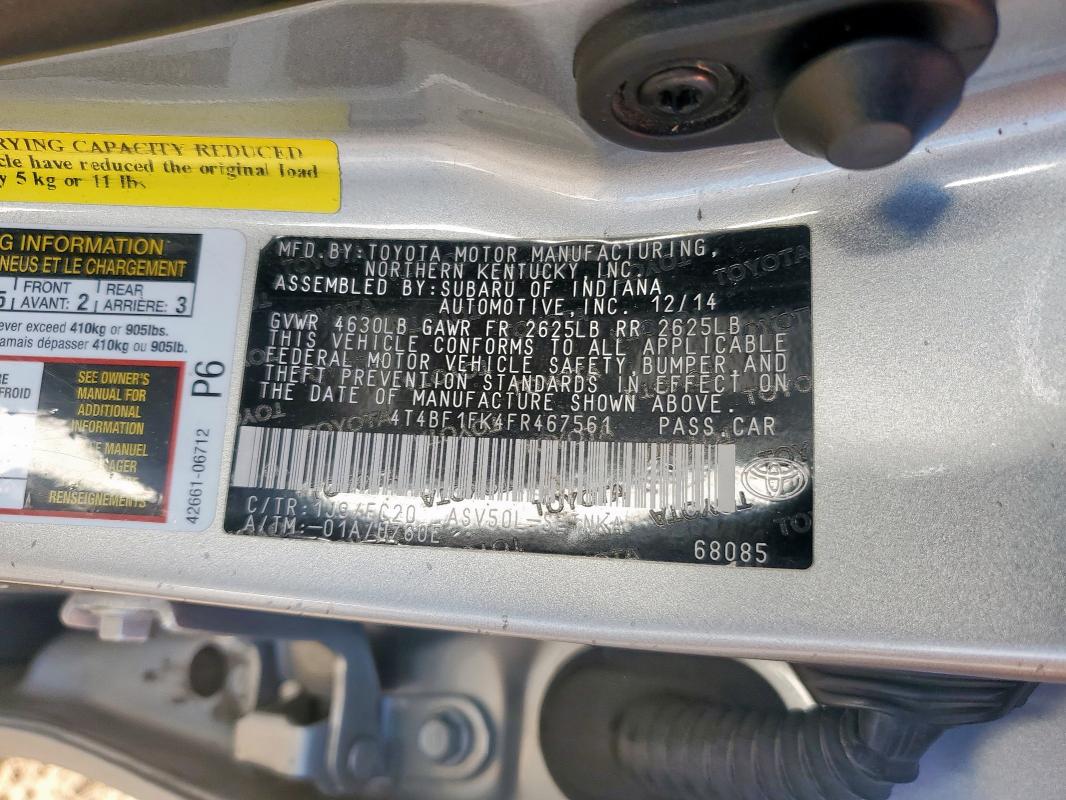 4T4BF1FK4FR467561 - 2015 TOYOTA CAMRY LE SILVER photo 12