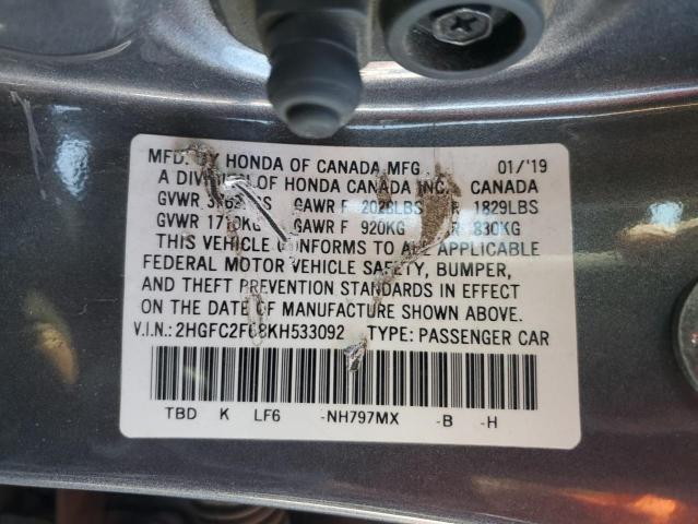 2HGFC2F68KH533092 - 2019 HONDA CIVIC LX Gris foto 12