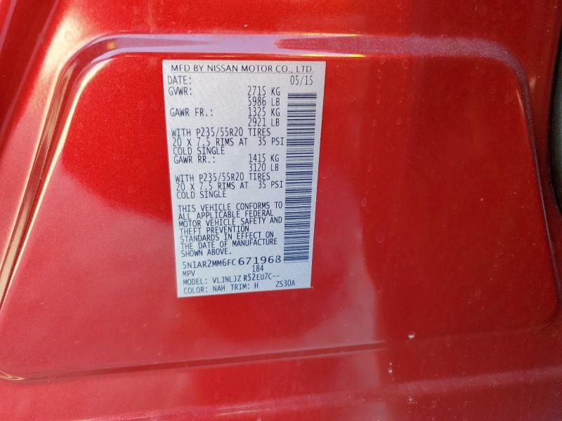 5N1AR2MM6FC671968 - 2015 NISSAN PATHFINDER S RED photo 13