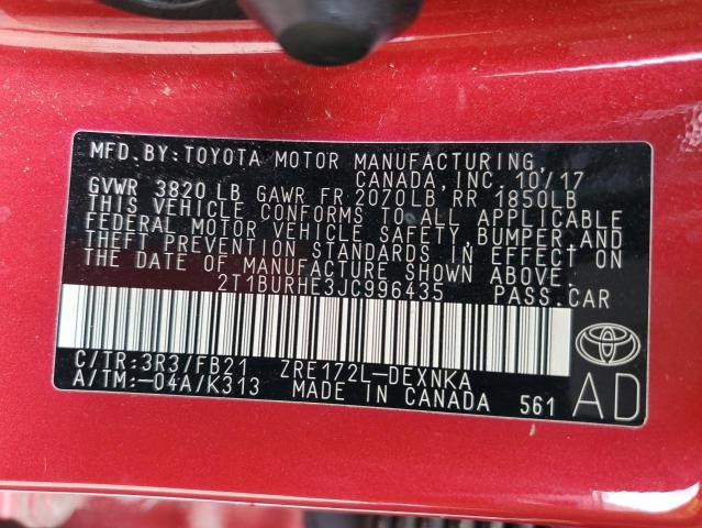 2T1BURHE3JC996435 - 2018 TOYOTA COROLLA L Kırmızı fotoğraf 13