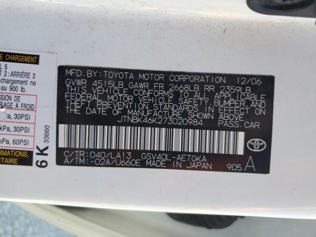 JTNBK46K273020984 - 2007 TOYOTA CAMRY LE WHITE photo 13