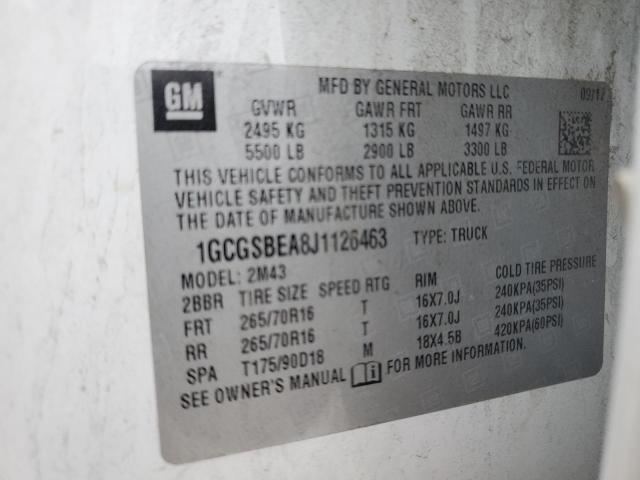 1GCGSBEA8J1126463 - 2018 CHEVROLET COLORADO WHITE photo 12