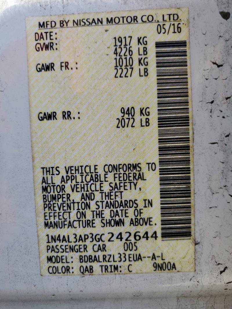 1N4AL3AP3GC242644 - 2016 NISSAN ALTIMA 2.5 WHITE photo 12