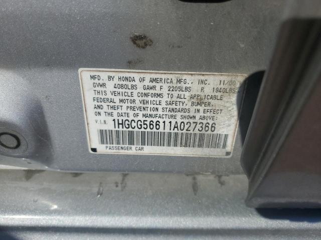 1HGCG56611A027366 - 2001 HONDA ACCORD EX 银色 照片 12