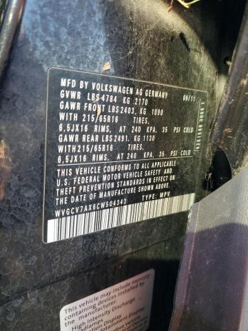 WVGCV7AX6CW504343 - 2012 VOLKSWAGEN TIGUAN S Qara foto 12