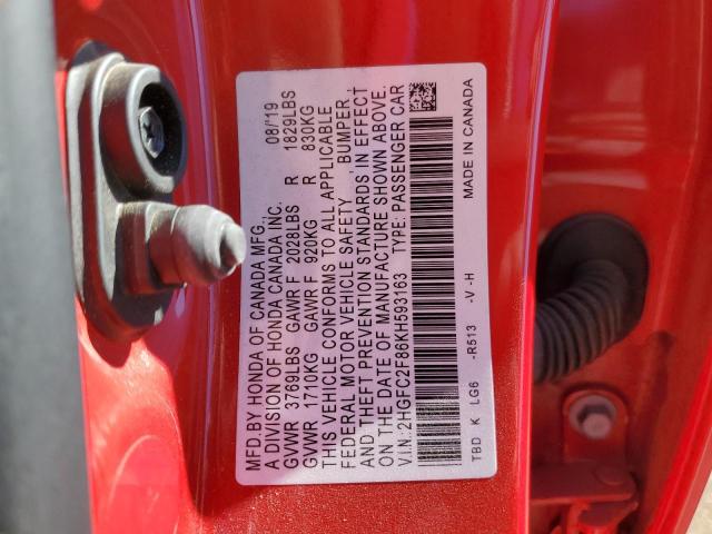 2HGFC2F86KH593163 - 2019 HONDA CIVIC SPORT 红色 照片 13