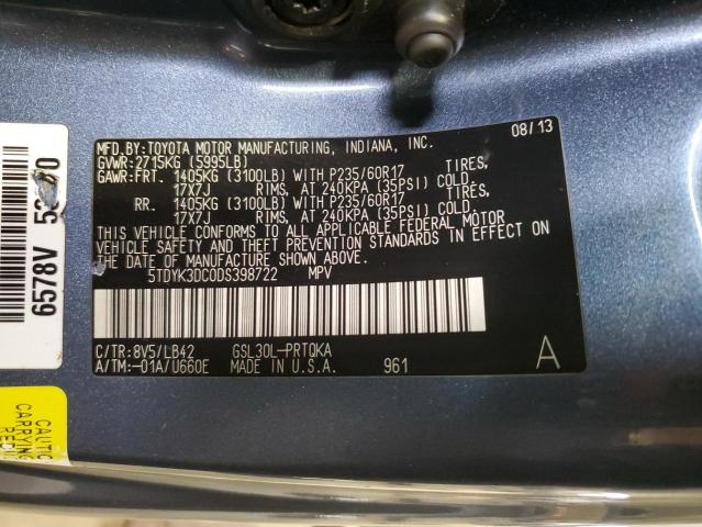 5TDYK3DC0DS398722 - 2013 TOYOTA SIENNA XLE BLUE photo 13