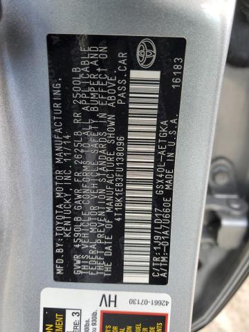 4T1BK1EB3FU138096 - 2015 TOYOTA AVALON XLE SILVER photo 12