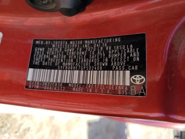 5YFBURHE7GP502408 - 2016 TOYOTA COROLLA L RED photo 13