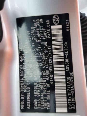 4T4BF1FK7CR204413 - 2012 TOYOTA CAMRY BASE SILVER photo 12