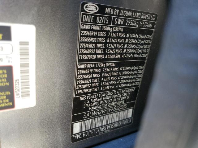 SALWR2VF2FA522326 - 2015 LAND ROVER RANGE ROVE HSE GRAY photo 13