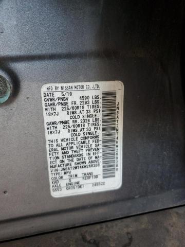 JN8AT2MT4KW268288 - 2019 NISSAN ROGUE S GRAY photo 13