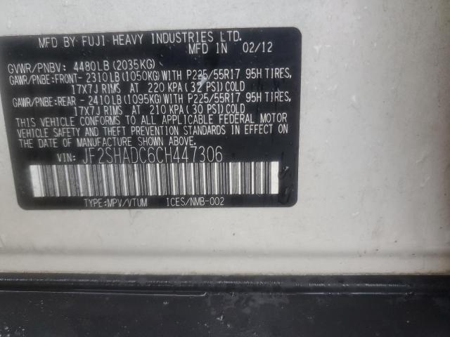 JF2SHADC6CH447306 - 2012 SUBARU FORESTER 2.5X PREMIUM WHITE photo 12