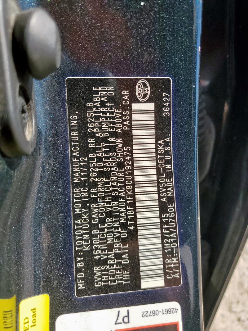 4T1BF1FK8CU192475 - 2012 TOYOTA CAMRY BASE BLACK photo 13