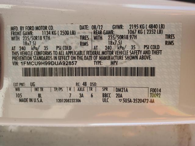 1FMCU9H99DUA92857 - 2013 FORD ESCAPE SEL WHITE photo 12