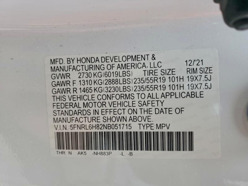 5FNRL6H82NB051715 - 2022 HONDA ODYSSEY TOURING 白色 照片 13