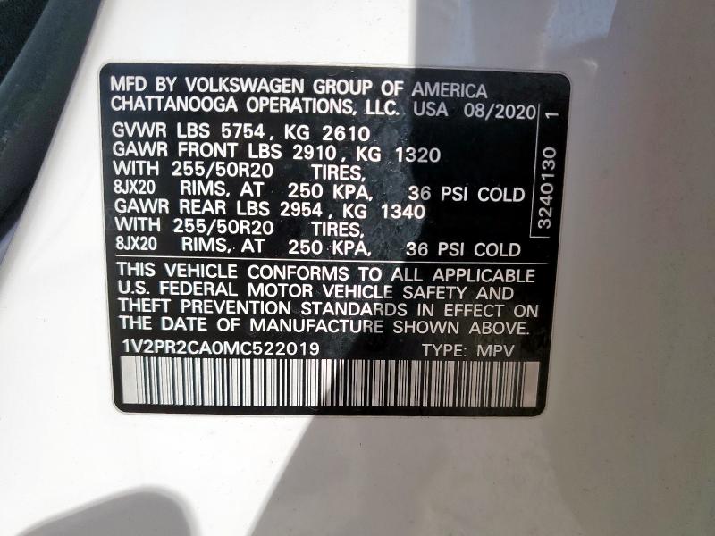 1V2PR2CA0MC522019 - 2021 VOLKSWAGEN ATLAS SE Ақ фото 13