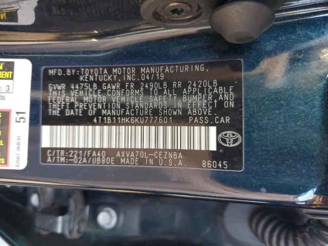 4T1B11HK6KU777601 - 2019 TOYOTA CAMRY L GREEN photo 12