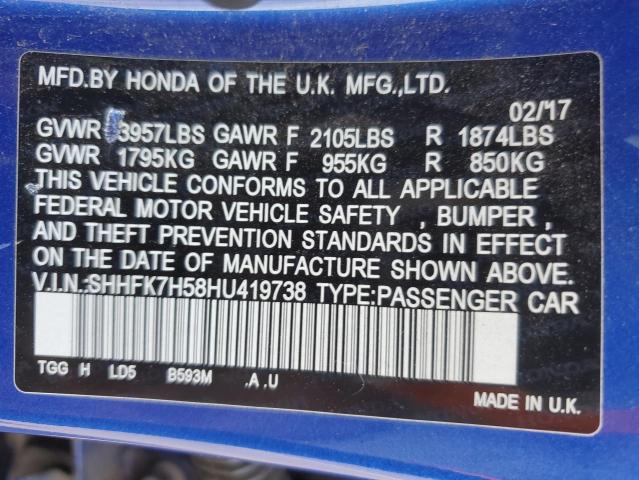 SHHFK7H58HU419738 - 2017 HONDA CIVIC EX BLUE photo 12