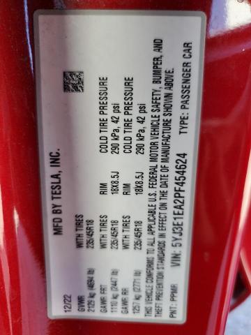 5YJ3E1EA2PF454624 - 2023 TESLA MODEL 3 MAROON photo 12