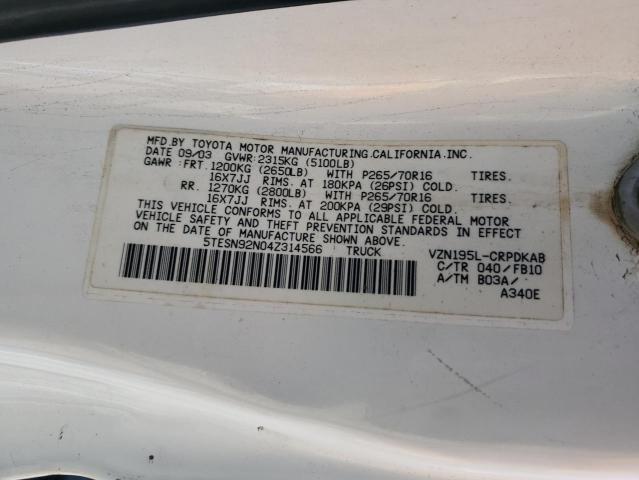 5TESN92N04Z314566 - 2004 TOYOTA TACOMA XTRACAB PRERUNNER თეთრი ფოტო 12