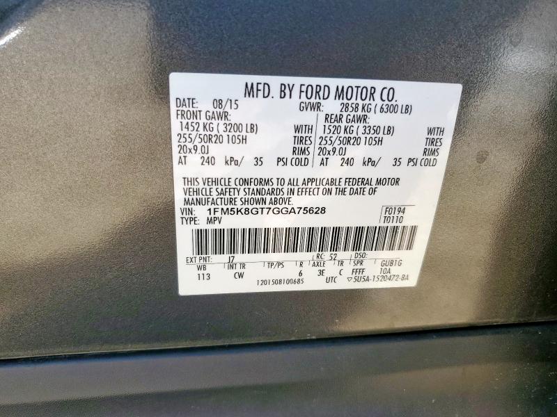 1FM5K8GT7GGA75628 - 2016 FORD EXPLORER SPORT CHARCOAL photo 13