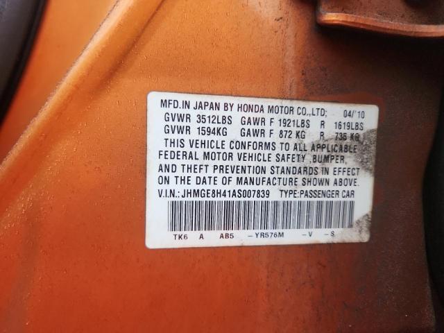 JHMGE8H41AS007839 - 2010 HONDA FIT SPORT Pomarańczowy zdjęcie 14