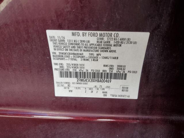 2FMGK5C8XHBA00469 - 2017 FORD FLEX SEL BURGUNDY photo 13