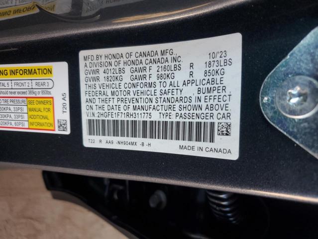 2HGFE1F71RH311775 - 2024 HONDA CIVIC EX CHARCOAL photo 12