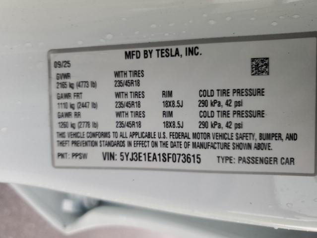 5YJ3E1EA1SF073615 - 2025 TESLA MODEL 3 WHITE photo 12