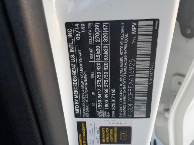 4JGDF7CE8EA416925 - 2014 MERCEDES-BENZ GL 450 4MATIC WHITE photo 12