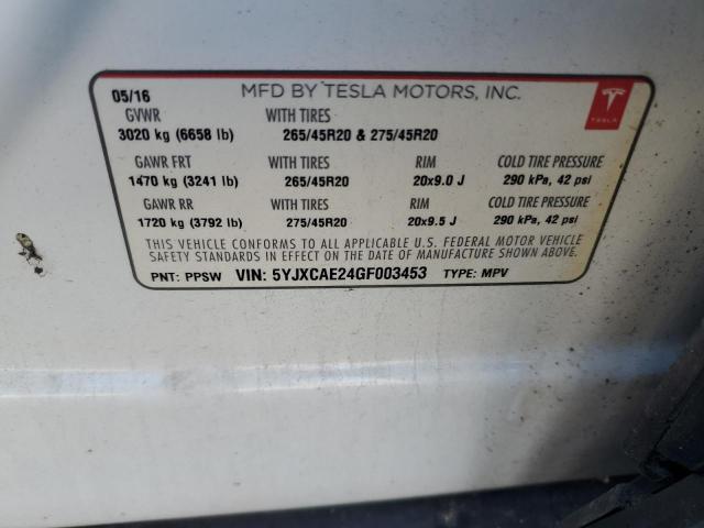 5YJXCAE24GF003453 - 2016 TESLA MODEL X 白色 照片 13