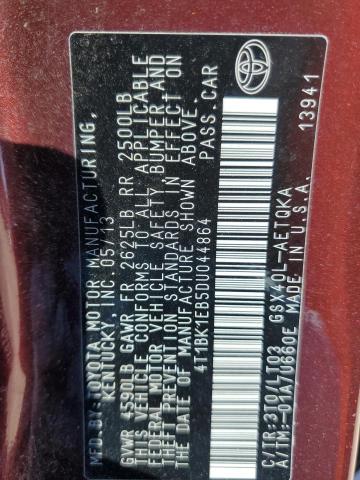4T1BK1EB5DU044864 - 2013 TOYOTA AVALON BASE 勃艮第红 照片 13