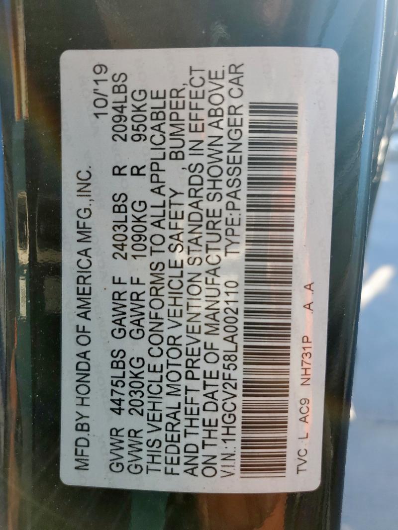 1HGCV2F58LA002110 - 2020 HONDA ACCORD EXL BLACK photo 12