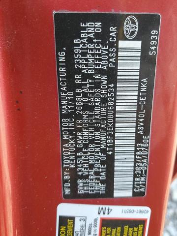 4T1BF3EK0BU682534 - 2011 TOYOTA CAMRY BASE 红色 照片 12