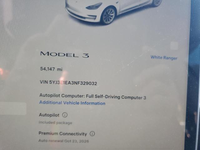 5YJ3E1EA3NF329032 - 2022 TESLA MODEL 3 WHITE photo 9