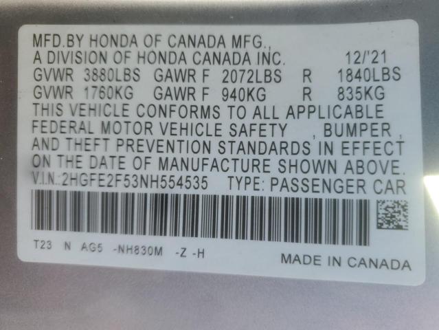 2HGFE2F53NH554535 - 2022 HONDA CIVIC SPORT 银色 照片 12