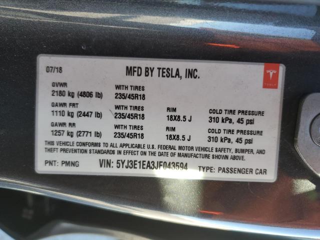 5YJ3E1EA3JF043594 - 2018 TESLA MODEL 3 GRAY photo 12