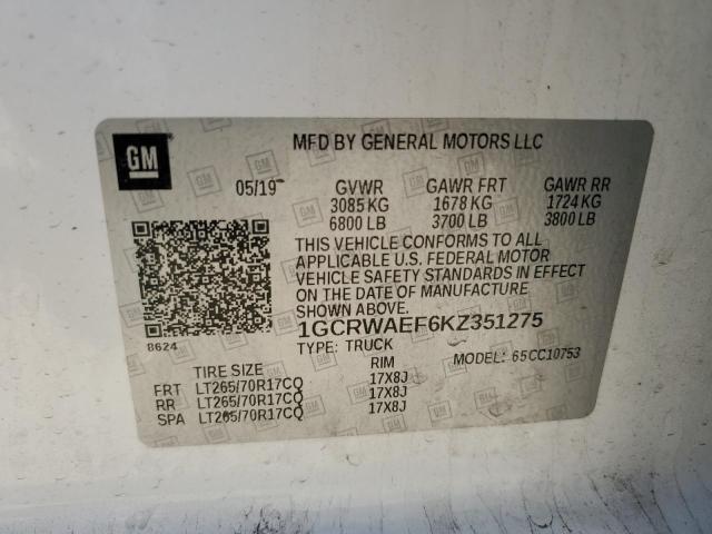 1GCRWAEF6KZ351275 - 2019 CHEVROLET SILVERADO C1500 Ağ foto 13