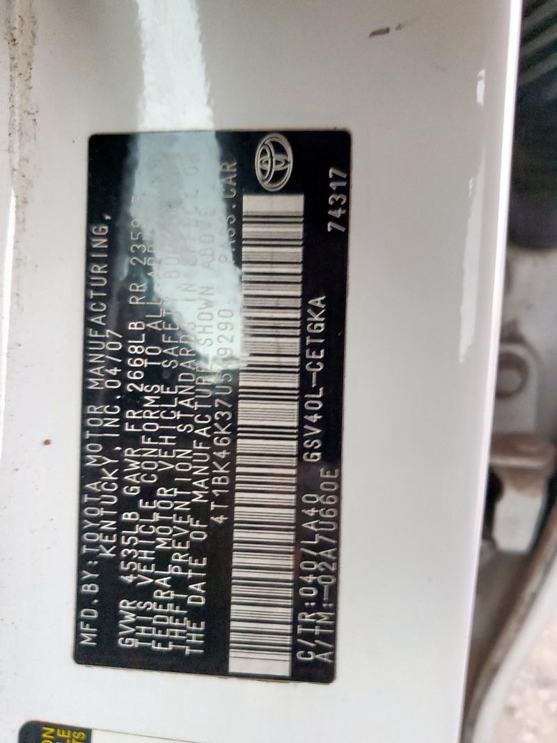 4T1BK46K37U549290 - 2007 TOYOTA CAMRY LE WHITE photo 12