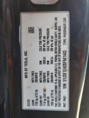 5YJ3E1EA0SF941443 - 2025 TESLA MODEL 3 GRAY photo 12