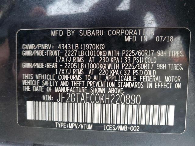 JF2GTAEC0KH220890 - 2019 SUBARU CROSSTREK PREMIUM Գրաֆիտ լուսանկար 13