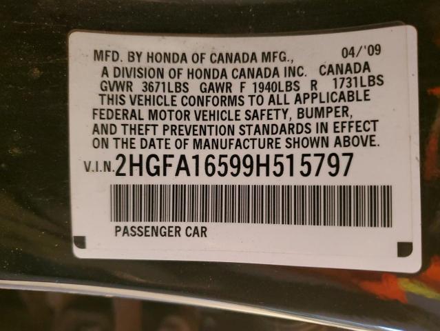 2HGFA16599H515797 - 2009 HONDA CIVIC LX შავი ფოტო 12