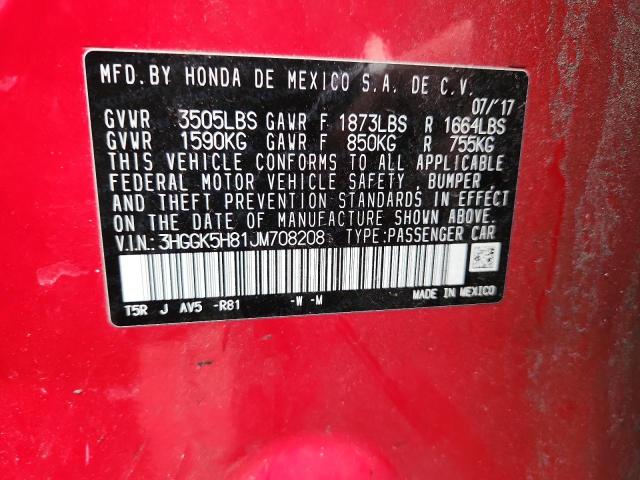 3HGGK5H81JM708208 - 2018 HONDA FIT EX Կարմիր լուսանկար 12