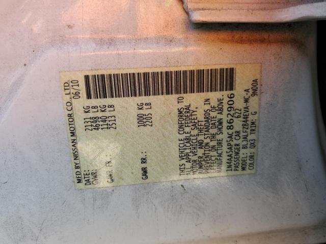 1N4AA5AP5AC862906 - 2010 NISSAN MAXIMA S 白色 照片 12