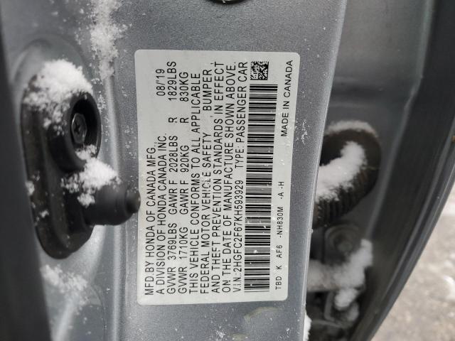 2HGFC2F67KH593929 - 2019 HONDA CIVIC LX Silber Foto 12